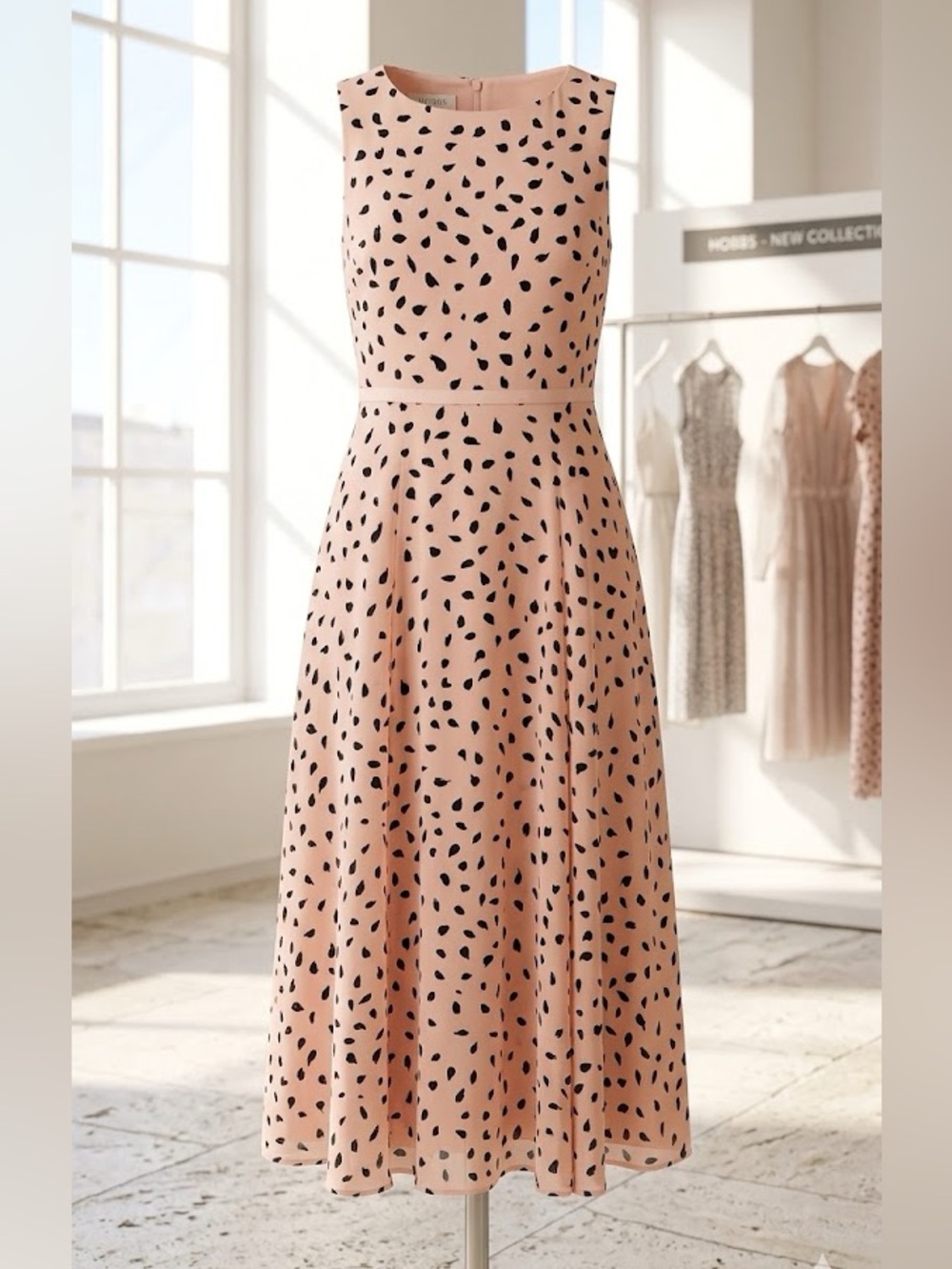 Hobbs London Sleeveless Spotted Midi Dress - Pink & Black  | Size 8